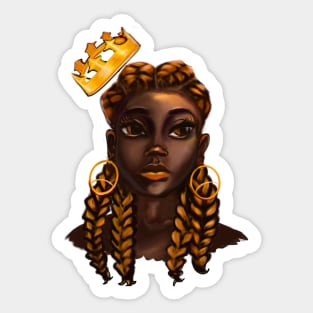 Queen Black is beautiful black woman art with Gold crown, ears and braids, brown eyes and dark brown skin ! Sticker